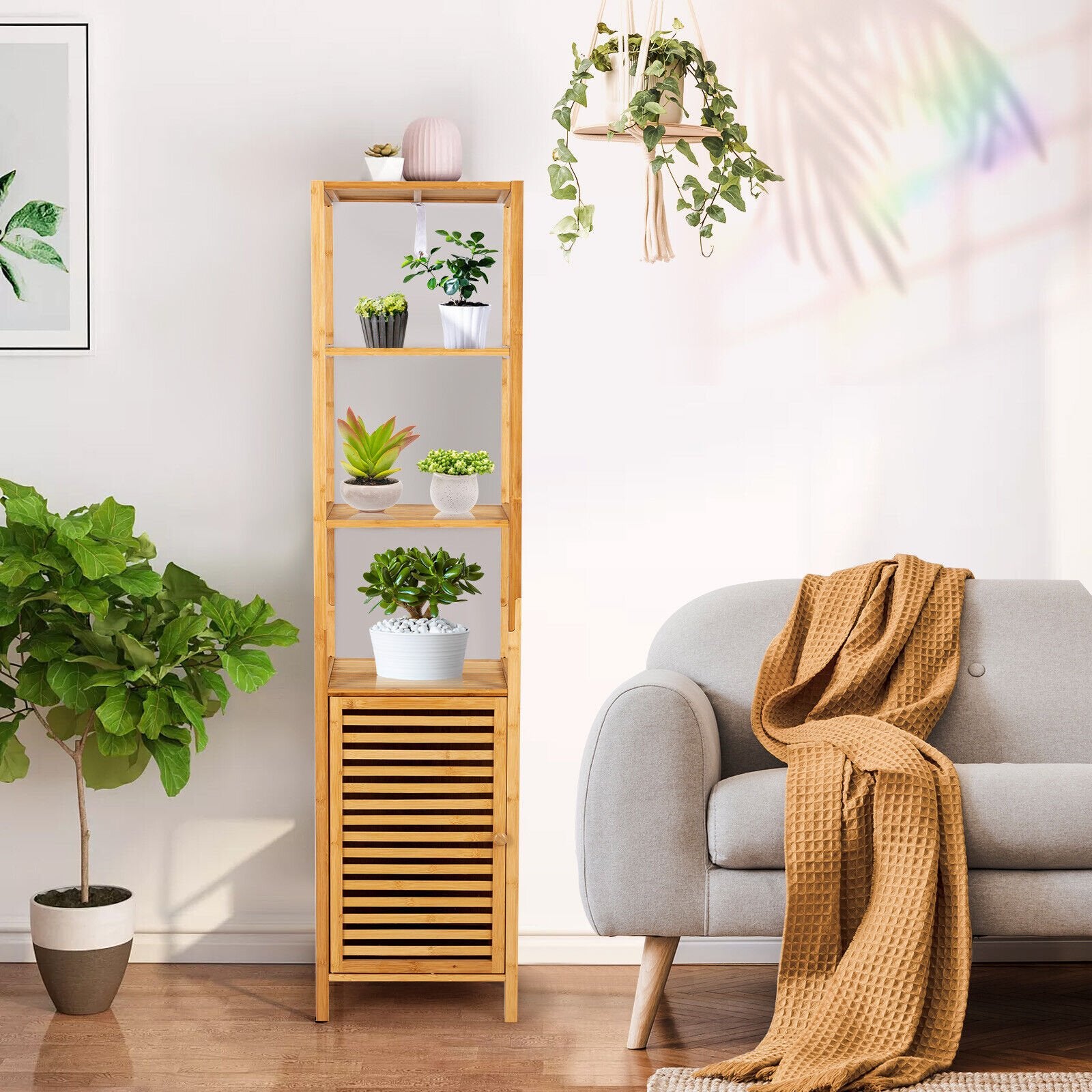 4 Tiers Slim Bamboo Floor Storage Cabinet with Shutter Door and Anti-Toppling Device, Natural Floor Cabinets   at Gallery Canada