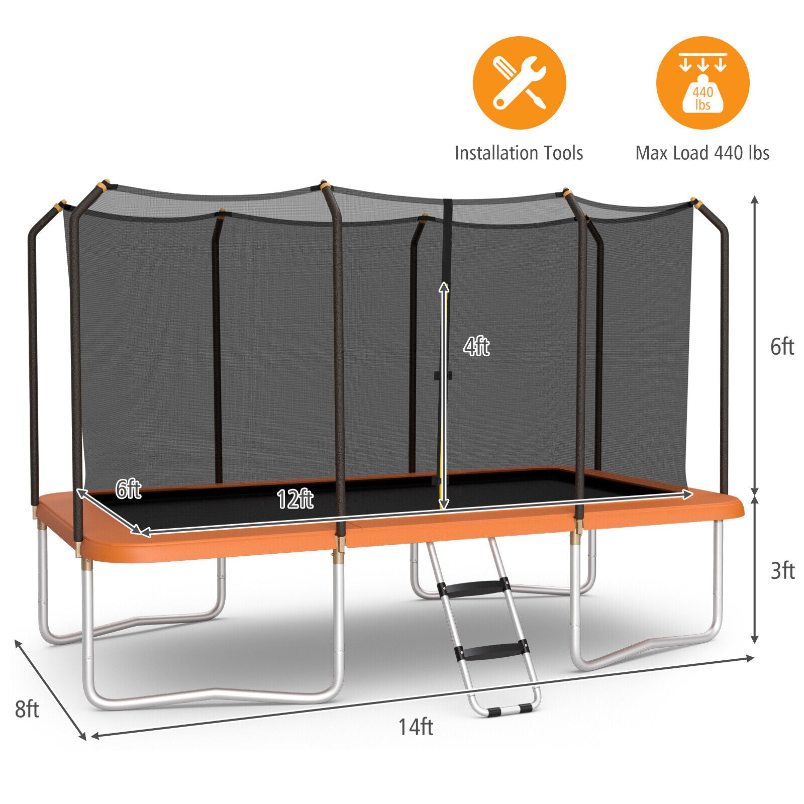 8 x 14 Feet Rectangular Recreational Trampoline with Safety Enclosure Net and Ladder, Orange Trampolines   at Gallery Canada