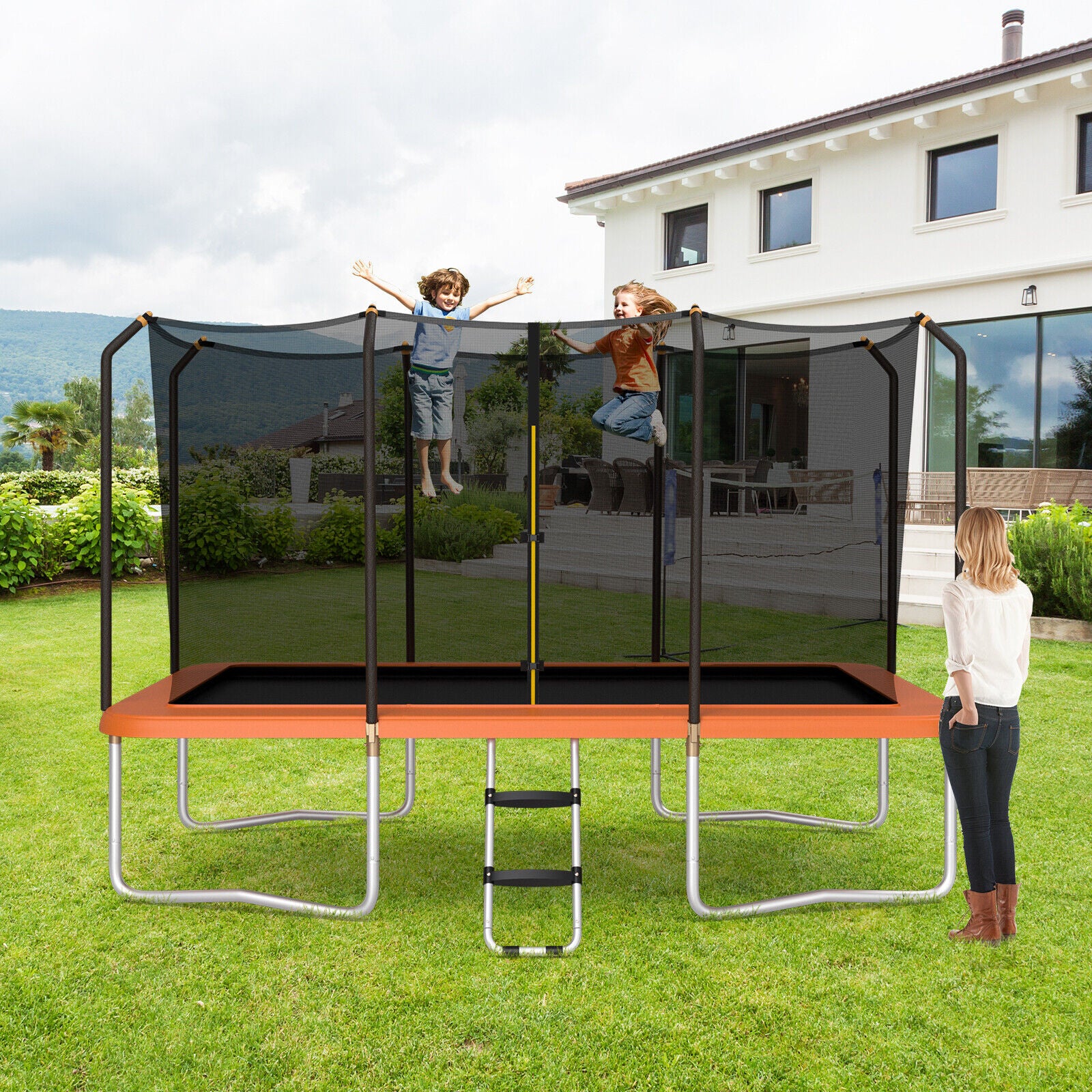 8 x 14 Feet Rectangular Recreational Trampoline with Safety Enclosure Net and Ladder, Orange Trampolines   at Gallery Canada