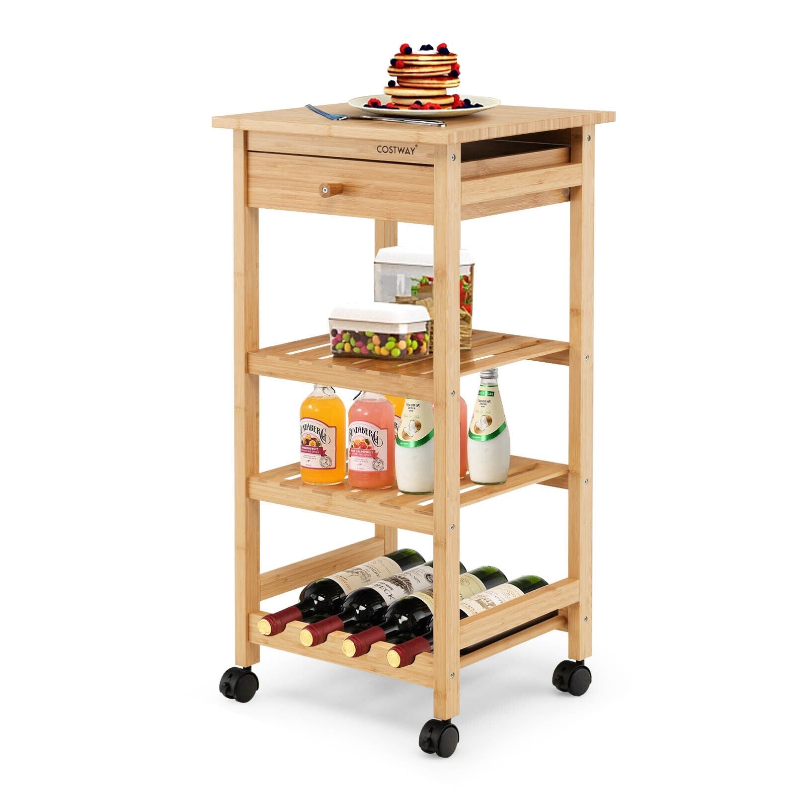 Bamboo Rolling Kitchen Trolley Cart with Drawer and Wine Rack, Natural - Gallery Canada
