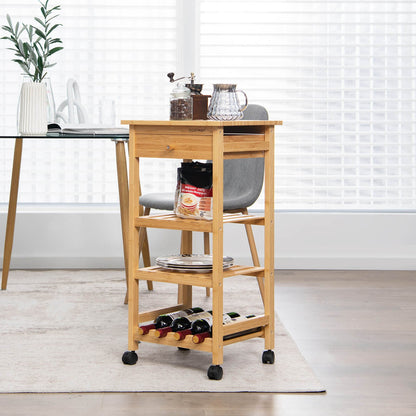 Bamboo Rolling Kitchen Trolley Cart with Drawer and Wine Rack, Natural - Gallery Canada