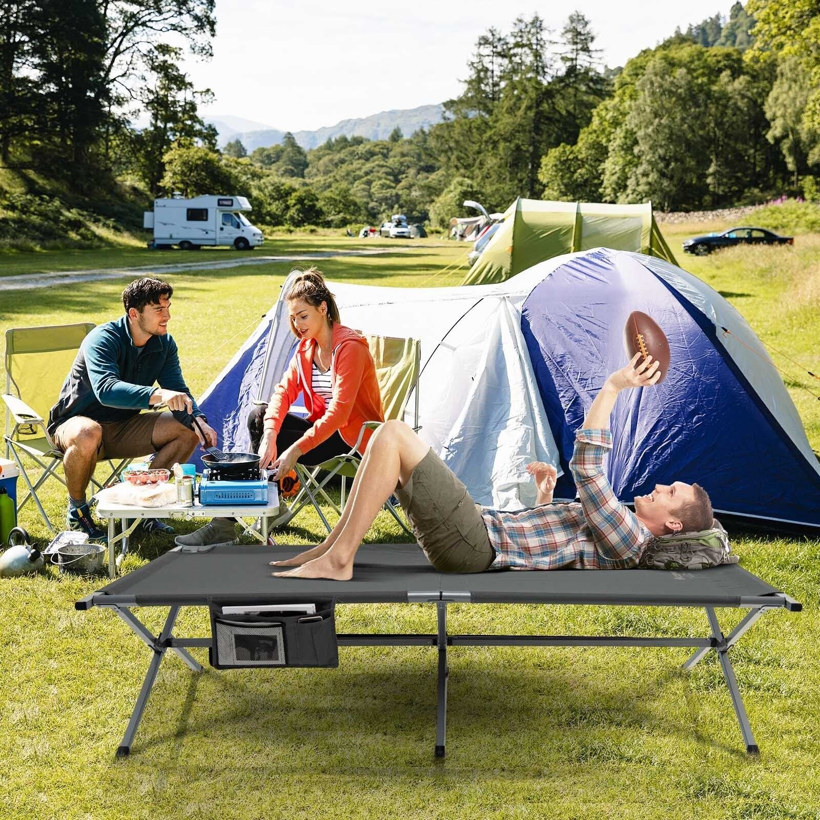 Extra Wide Folding Camping Bed with Carry Bag and Storage Bag, Gray - Gallery Canada