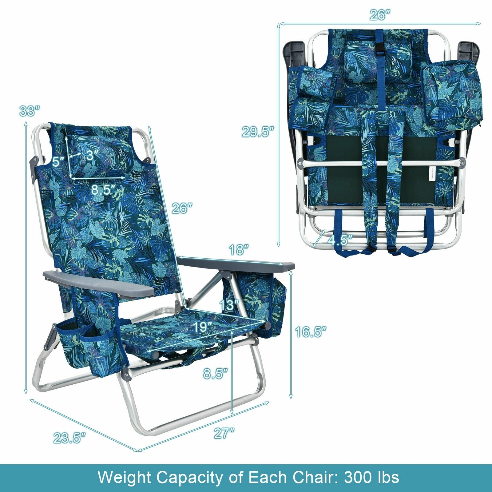 4-Pack 5-Position Outdoor Folding Backpack Beach Reclining Chair with Pillow, Navy - Gallery Canada