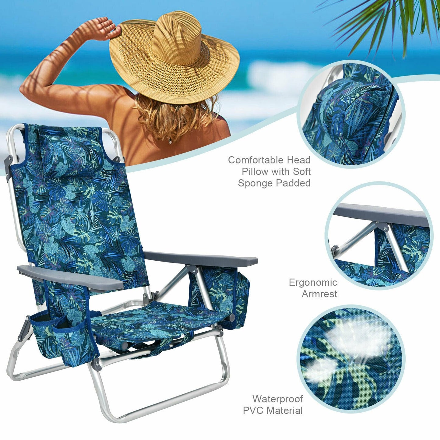 4-Pack 5-Position Outdoor Folding Backpack Beach Reclining Chair with Pillow, Navy - Gallery Canada