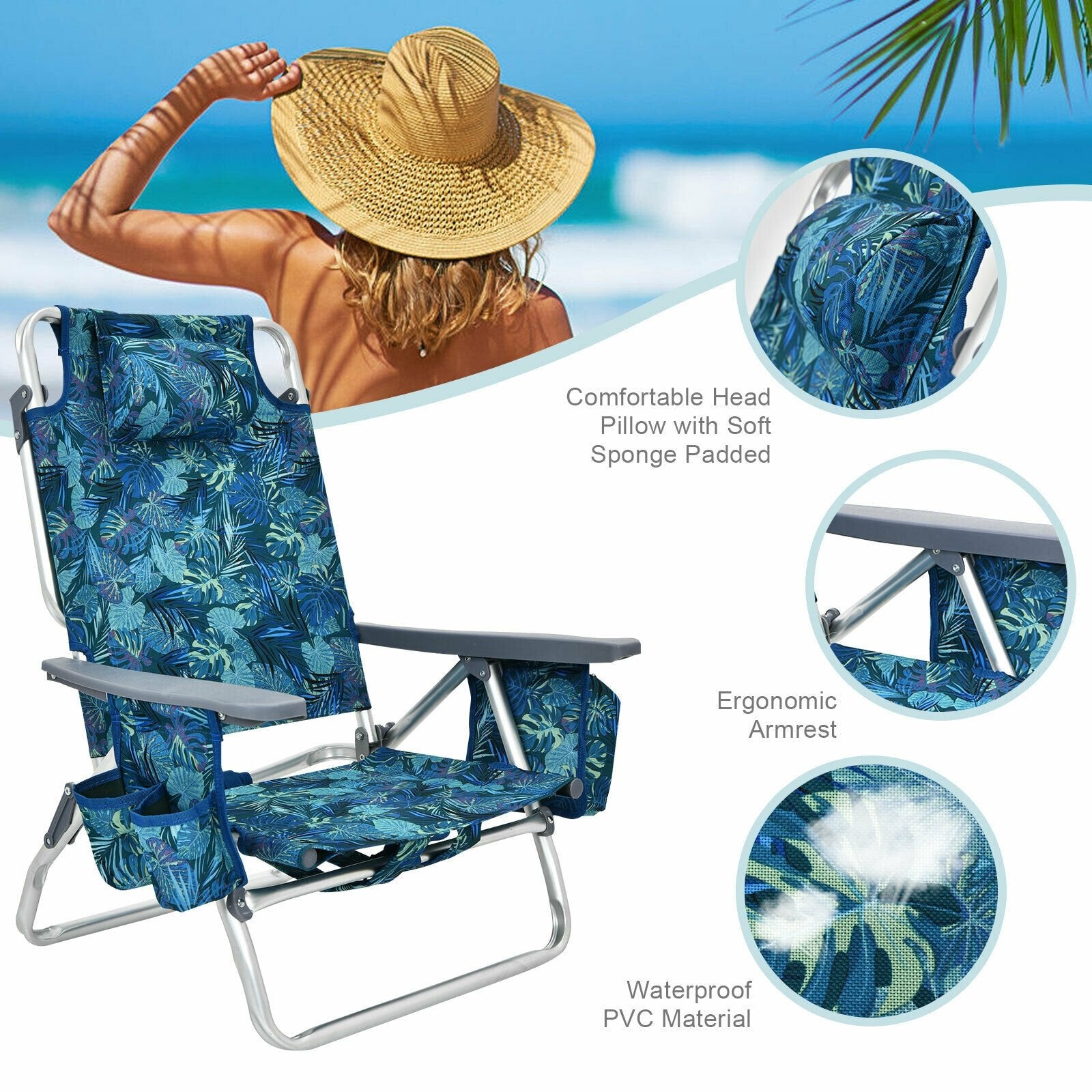 4-Pack 5-Position Outdoor Folding Backpack Beach Reclining Chair with Pillow, Navy Beach & Lawn Chairs   at Gallery Canada