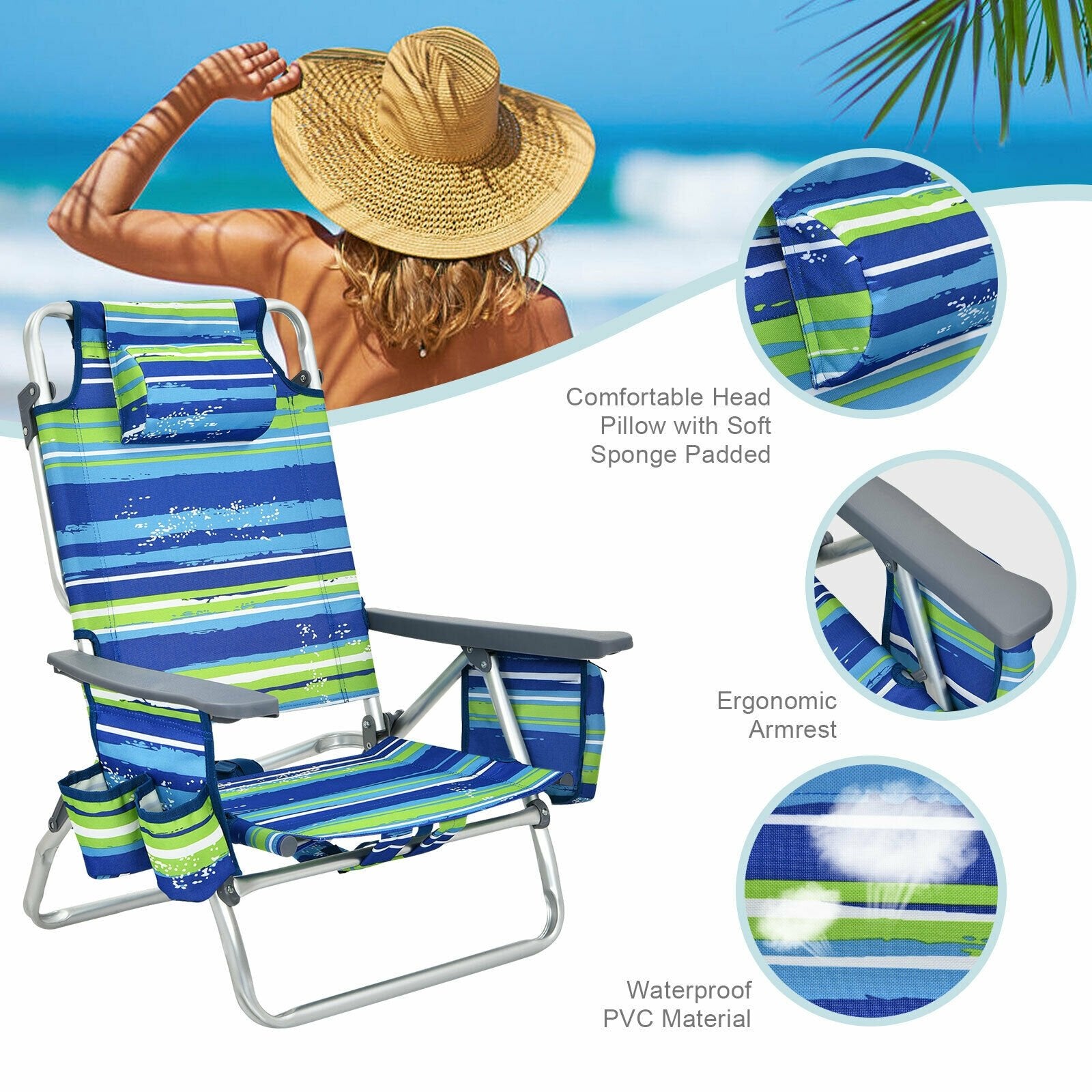 4-Pack 5-Position Outdoor Folding Backpack Beach Reclining Chair with Pillow, Blue Beach & Lawn Chairs   at Gallery Canada