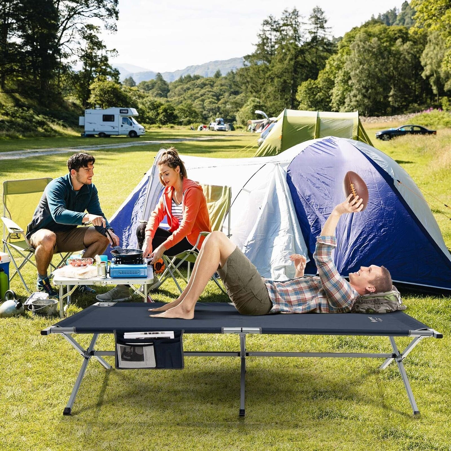 Extra Wide Folding Camping Bed with Carry Bag and Storage Bag, Blue Camping Furniture   at Gallery Canada