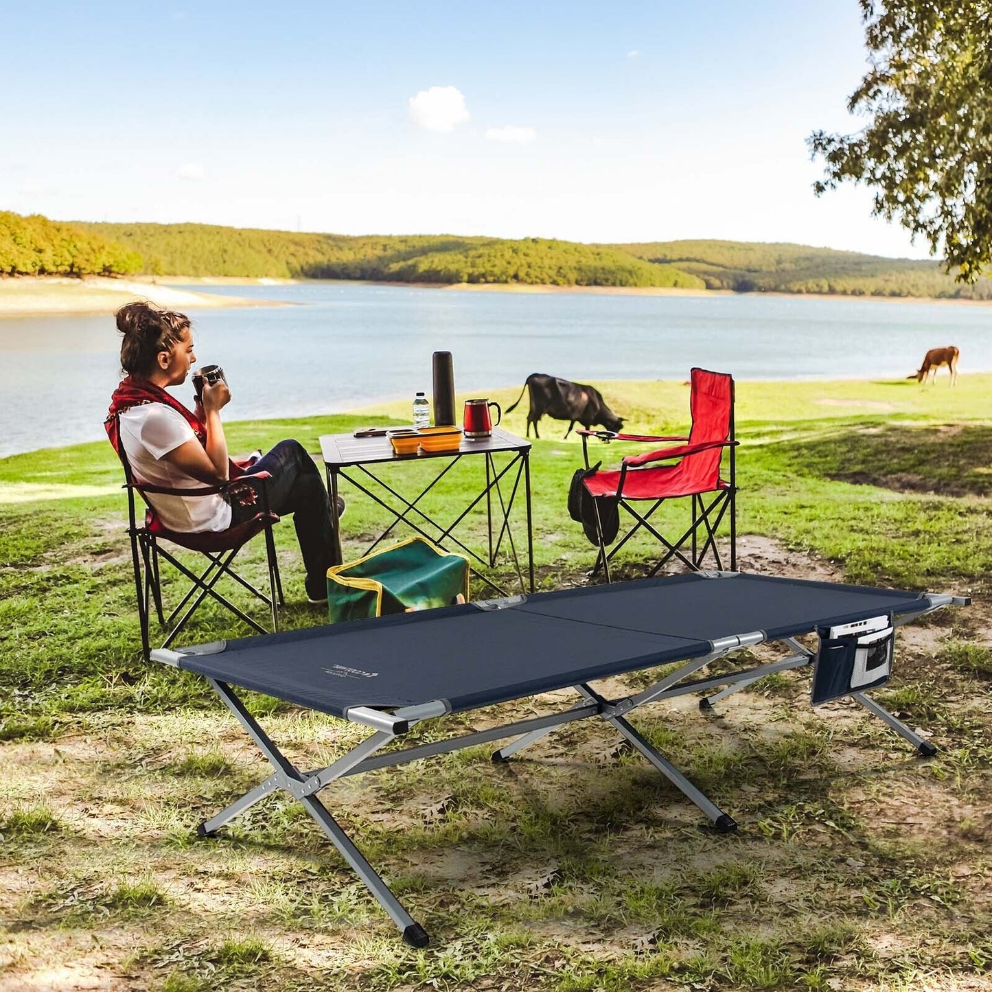 Extra Wide Folding Camping Bed with Carry Bag and Storage Bag, Blue Camping Furniture   at Gallery Canada