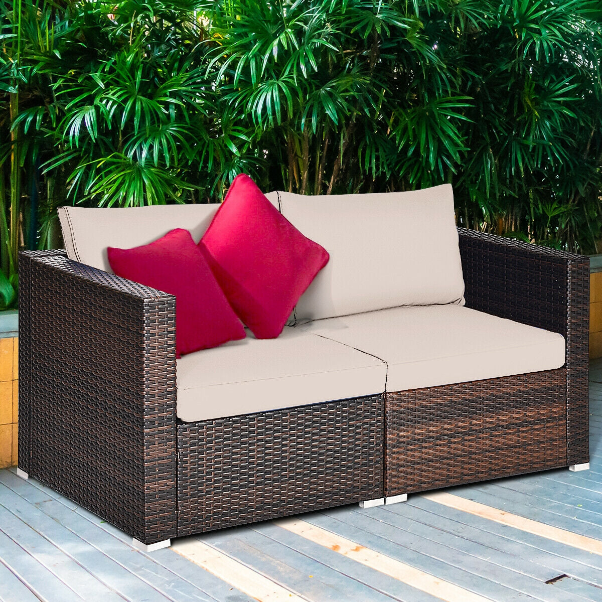 2 Pieces Patio Rattan Sectional Conversation Sofa Set, Beige Outdoor Sectionals   at Gallery Canada