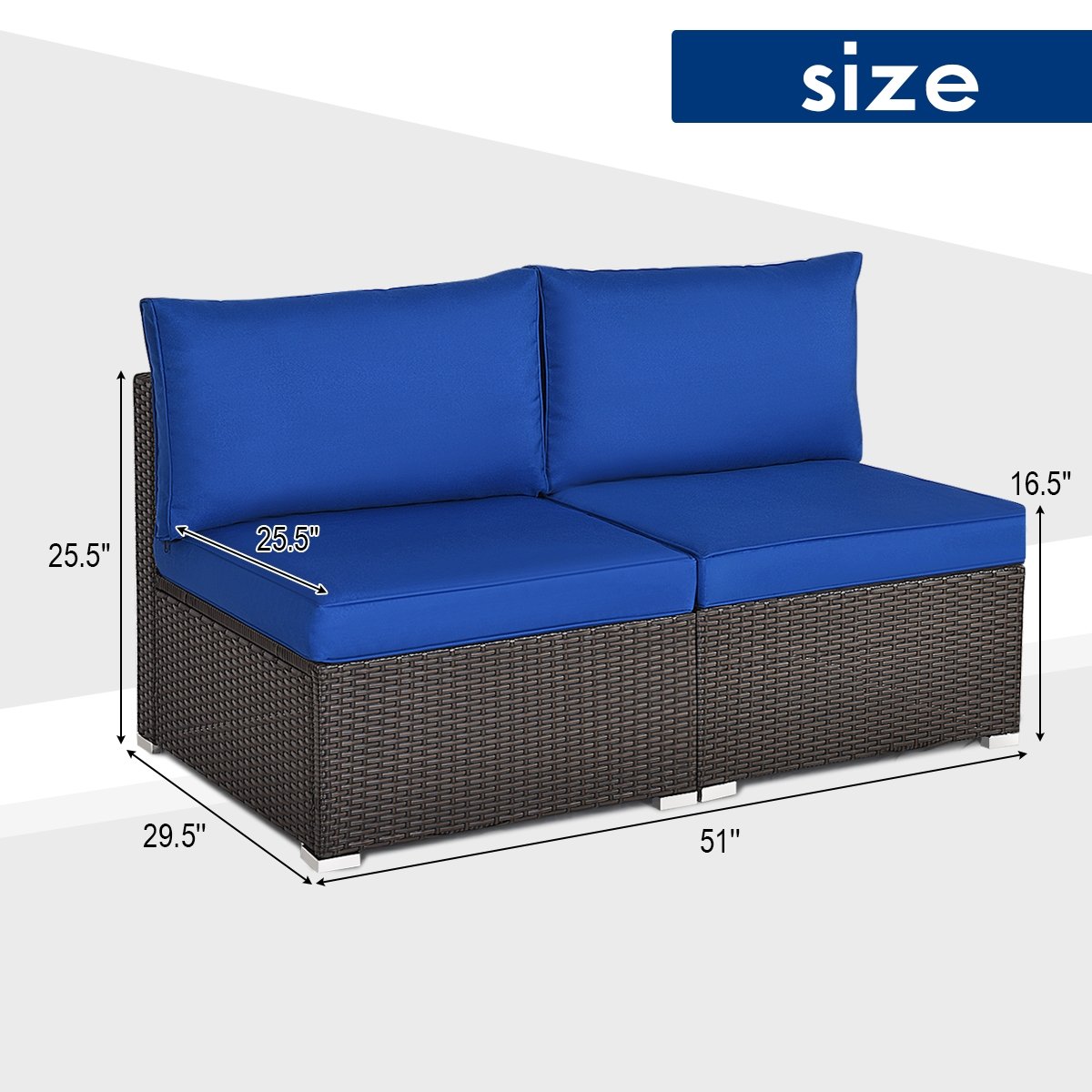 2 Pieces Patio Rattan Armless Sofa Set with 2 Cushions and 2 Pillows, Navy Outdoor Sectionals   at Gallery Canada