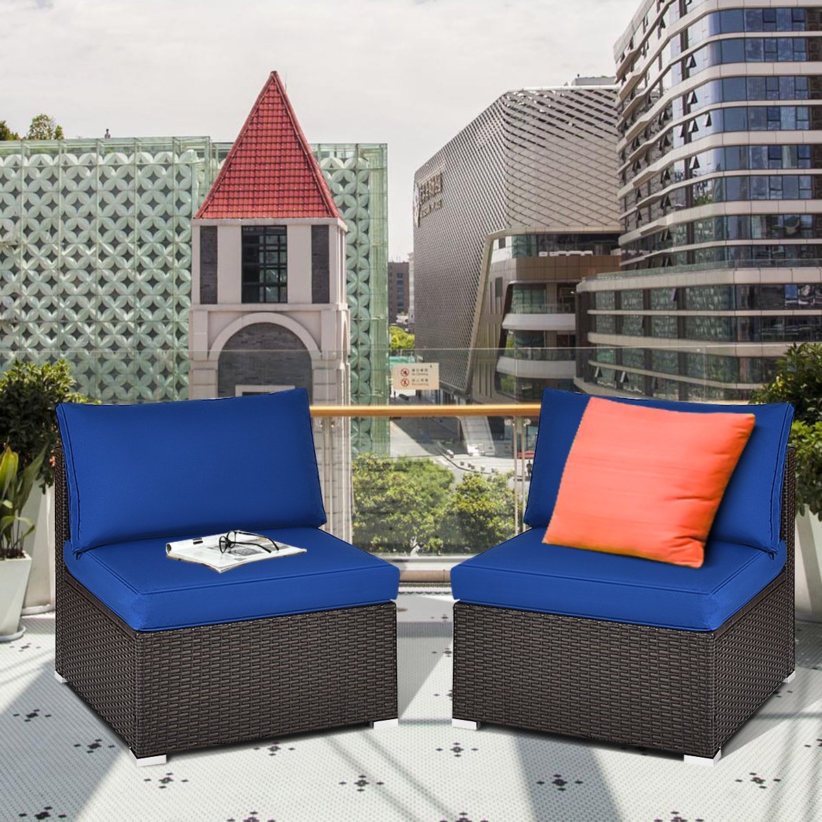 2 Pieces Patio Rattan Armless Sofa Set with 2 Cushions and 2 Pillows, Navy Outdoor Sectionals   at Gallery Canada