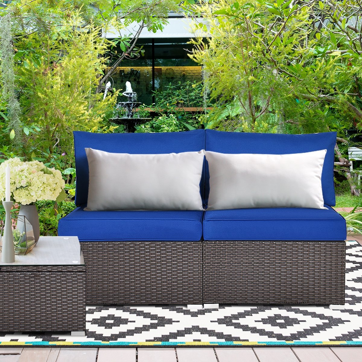 2 Pieces Patio Rattan Armless Sofa Set with 2 Cushions and 2 Pillows, Navy Outdoor Sectionals   at Gallery Canada