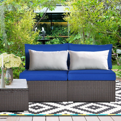 2 Pieces Patio Rattan Armless Sofa Set with 2 Cushions and 2 Pillows, Navy - Gallery Canada