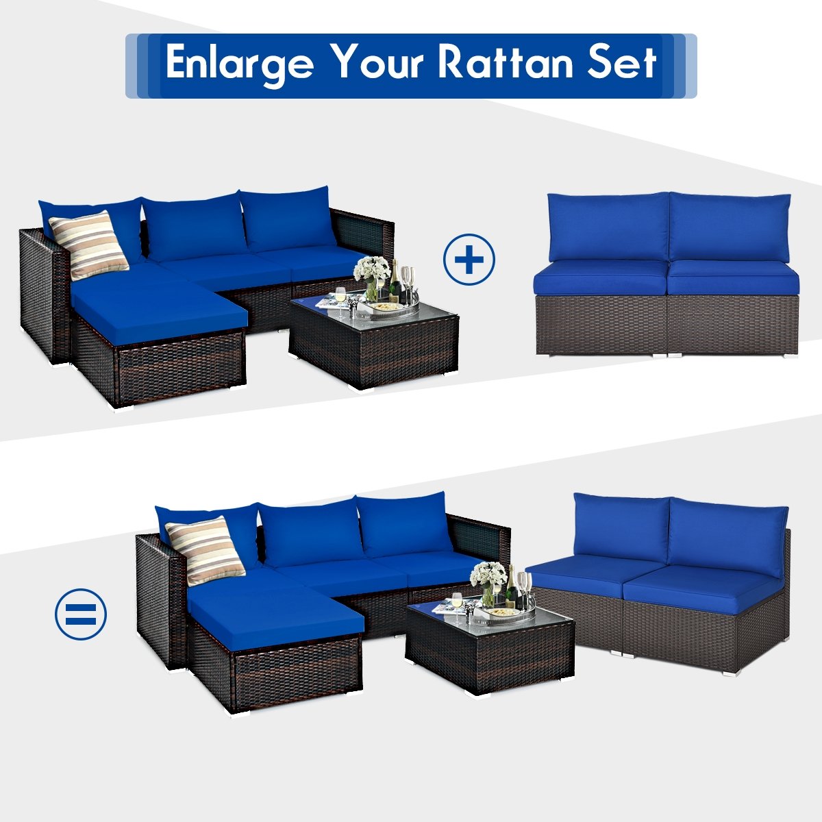 2 Pieces Patio Rattan Armless Sofa Set with 2 Cushions and 2 Pillows, Navy - Gallery Canada