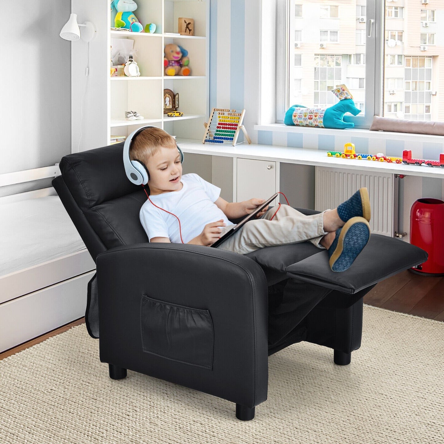 Ergonomic PU Leather Kids Recliner Lounge Sofa for 3-12 Age Group, Black Kids Chairs & Seating   at Gallery Canada