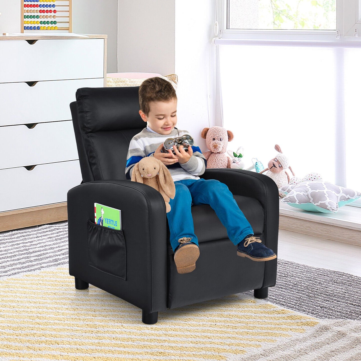 Ergonomic PU Leather Kids Recliner Lounge Sofa for 3-12 Age Group, Black - Gallery Canada