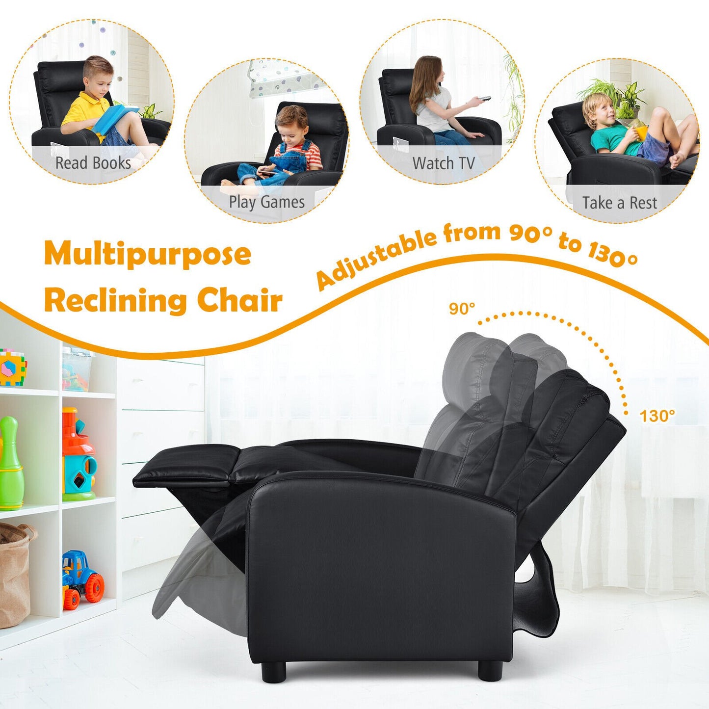 Ergonomic PU Leather Kids Recliner Lounge Sofa for 3-12 Age Group, Black - Gallery Canada