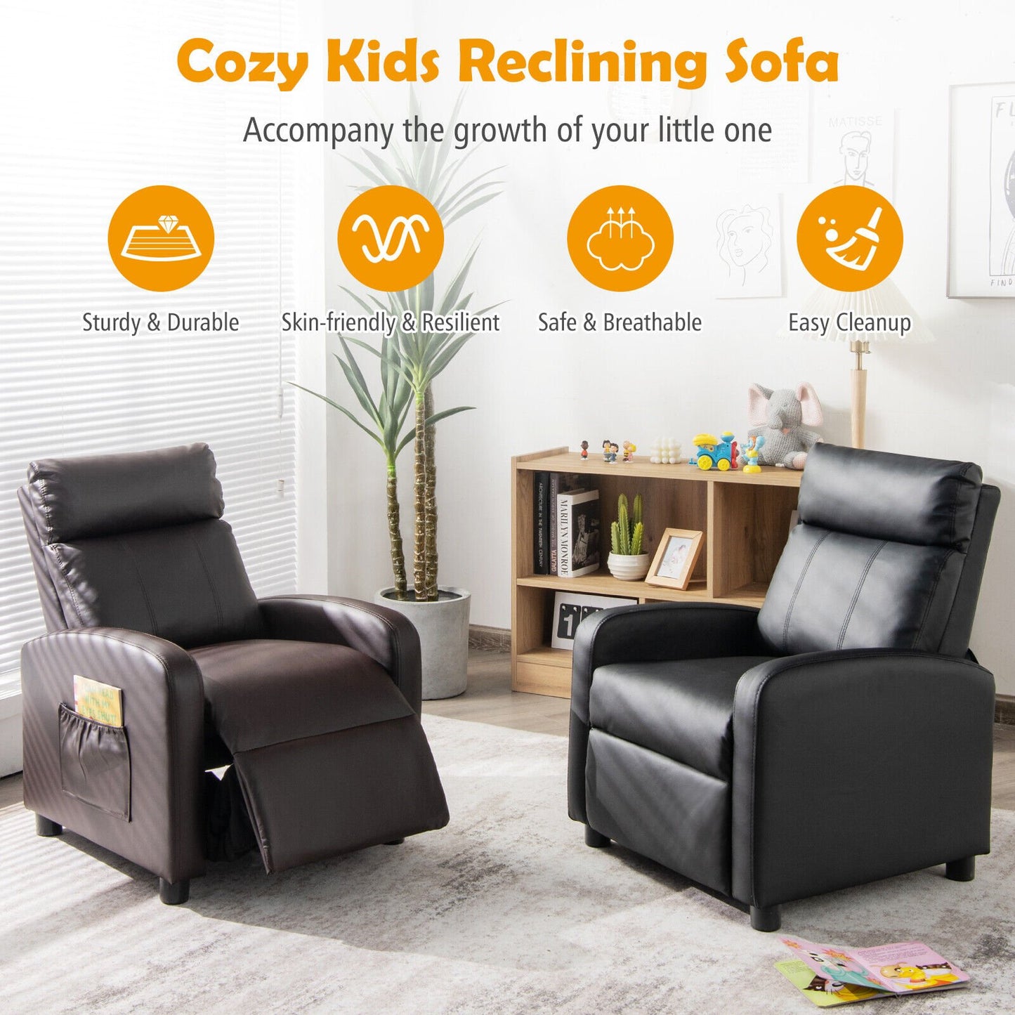 Ergonomic PU Leather Kids Recliner Lounge Sofa for 3-12 Age Group, Black Kids Chairs & Seating   at Gallery Canada