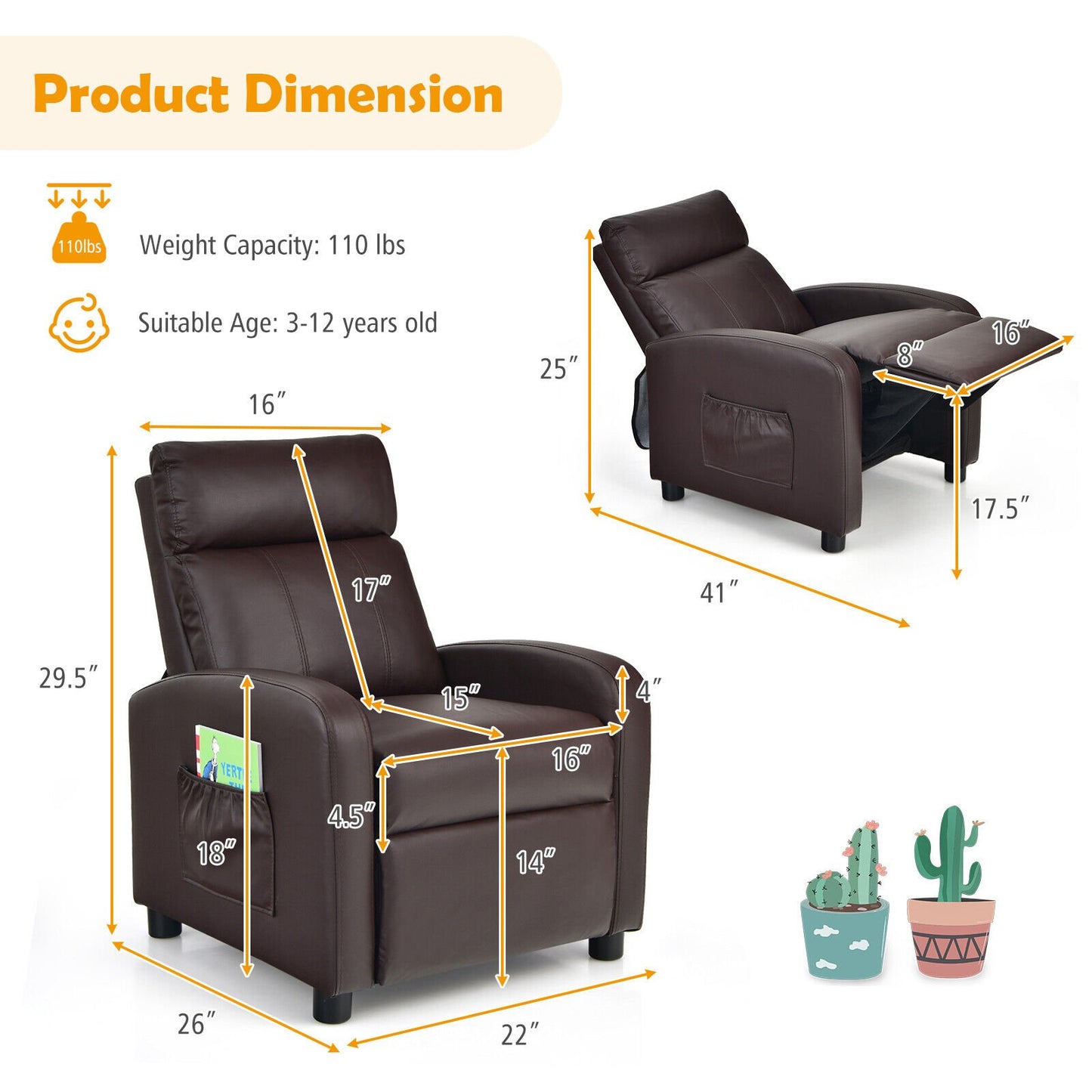 Ergonomic PU Leather Kids Recliner Lounge Sofa for 3-12 Age Group, Brown - Gallery Canada