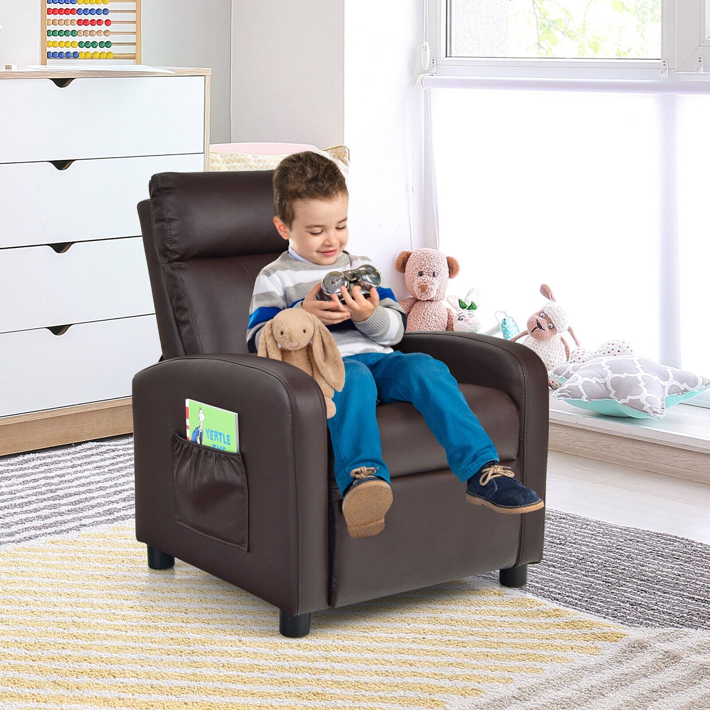 Ergonomic PU Leather Kids Recliner Lounge Sofa for 3-12 Age Group, Brown - Gallery Canada