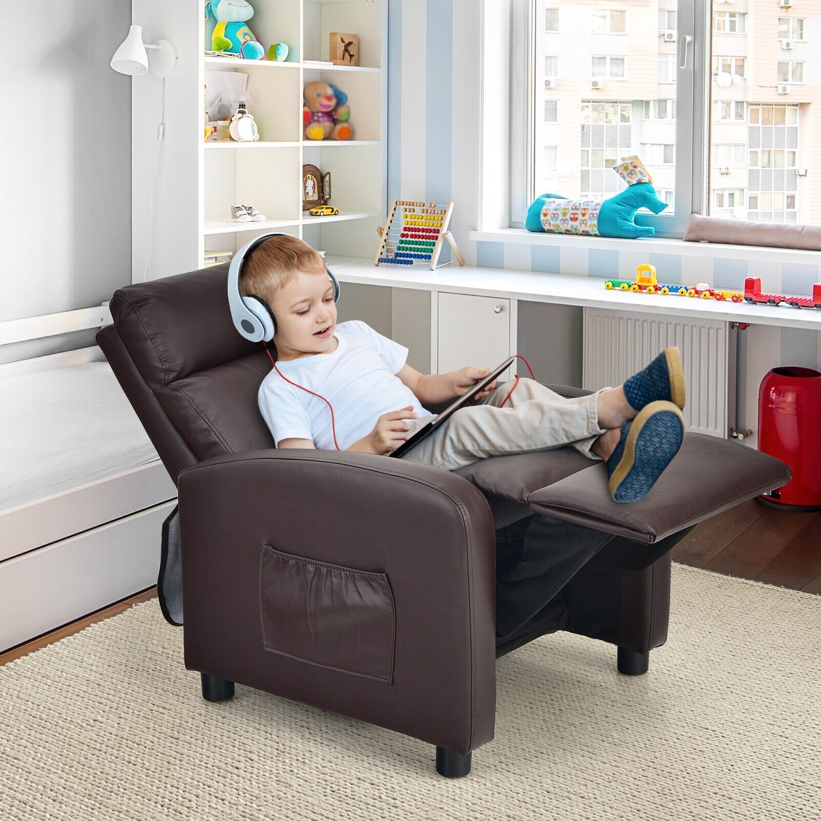 Ergonomic PU Leather Kids Recliner Lounge Sofa for 3-12 Age Group, Brown - Gallery Canada