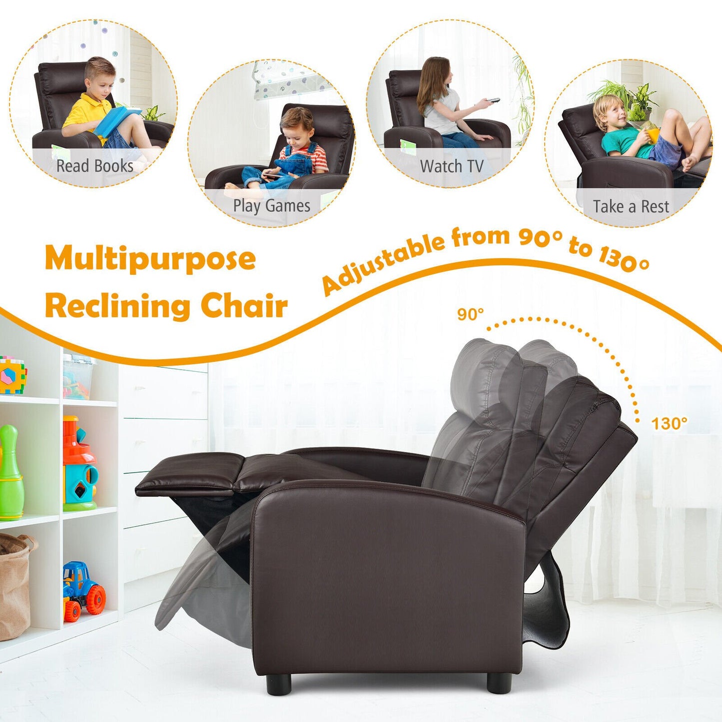 Ergonomic PU Leather Kids Recliner Lounge Sofa for 3-12 Age Group, Brown - Gallery Canada