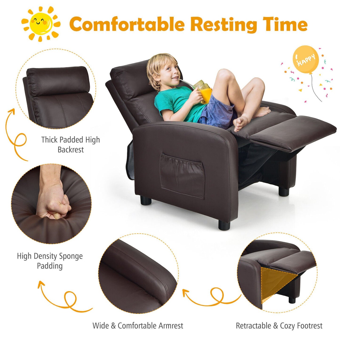 Ergonomic PU Leather Kids Recliner Lounge Sofa for 3-12 Age Group, Brown - Gallery Canada