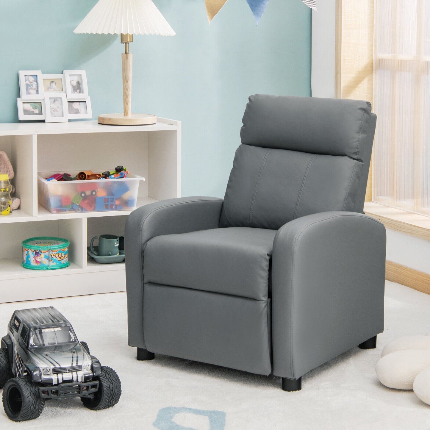 Ergonomic PU Leather Kids Recliner Lounge Sofa for 3-12 Age Group, Gray - Gallery Canada