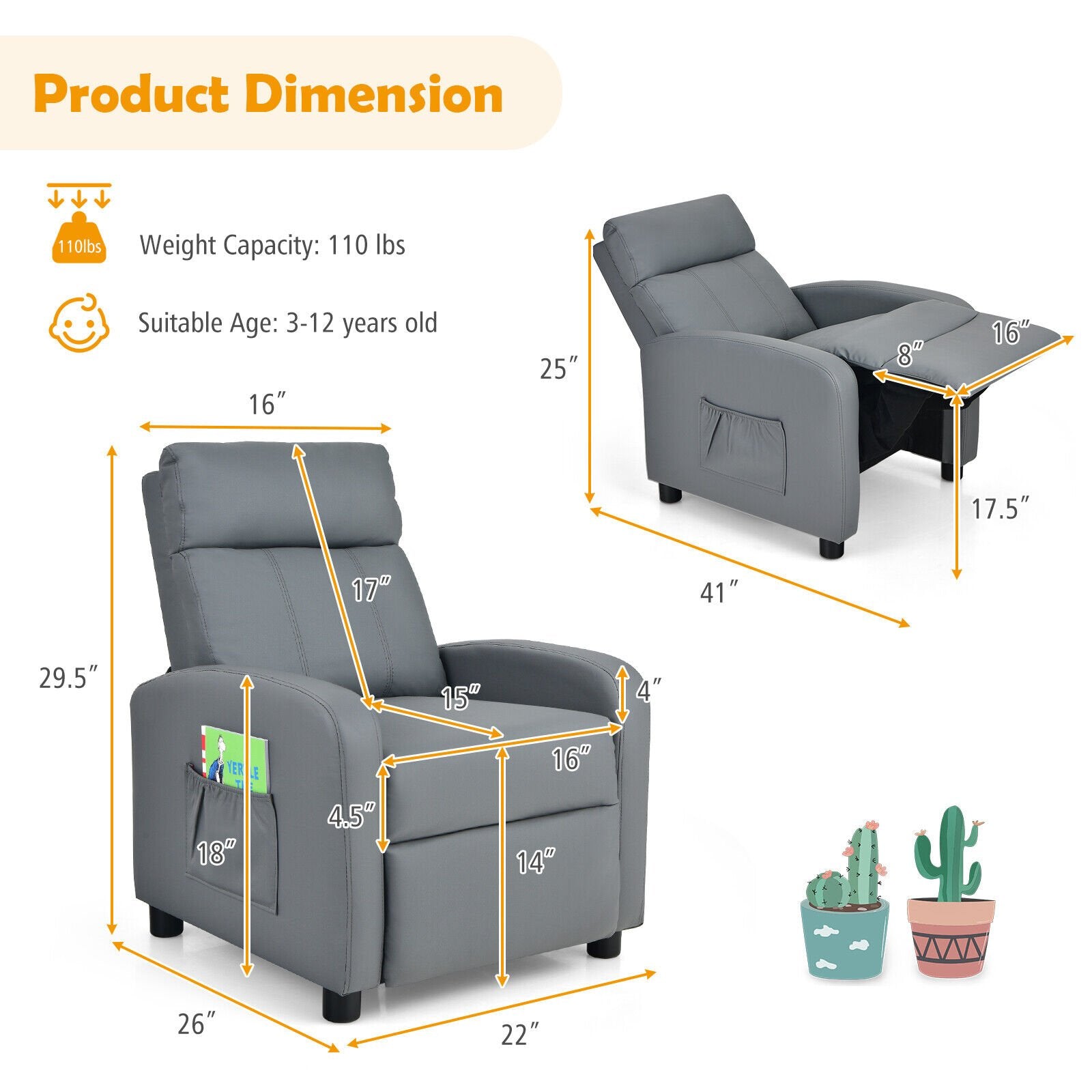 Ergonomic PU Leather Kids Recliner Lounge Sofa for 3-12 Age Group, Gray Kids Chairs & Seating   at Gallery Canada