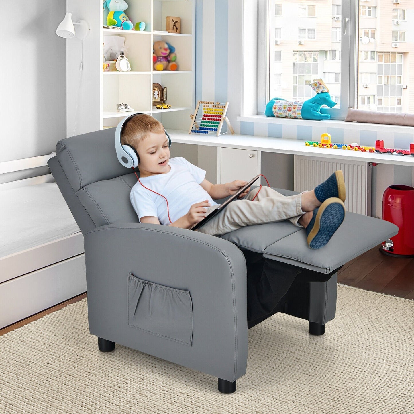 Ergonomic PU Leather Kids Recliner Lounge Sofa for 3-12 Age Group, Gray - Gallery Canada