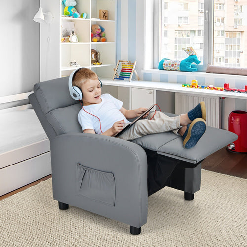 Ergonomic PU Leather Kids Recliner Lounge Sofa for 3-12 Age Group, Gray