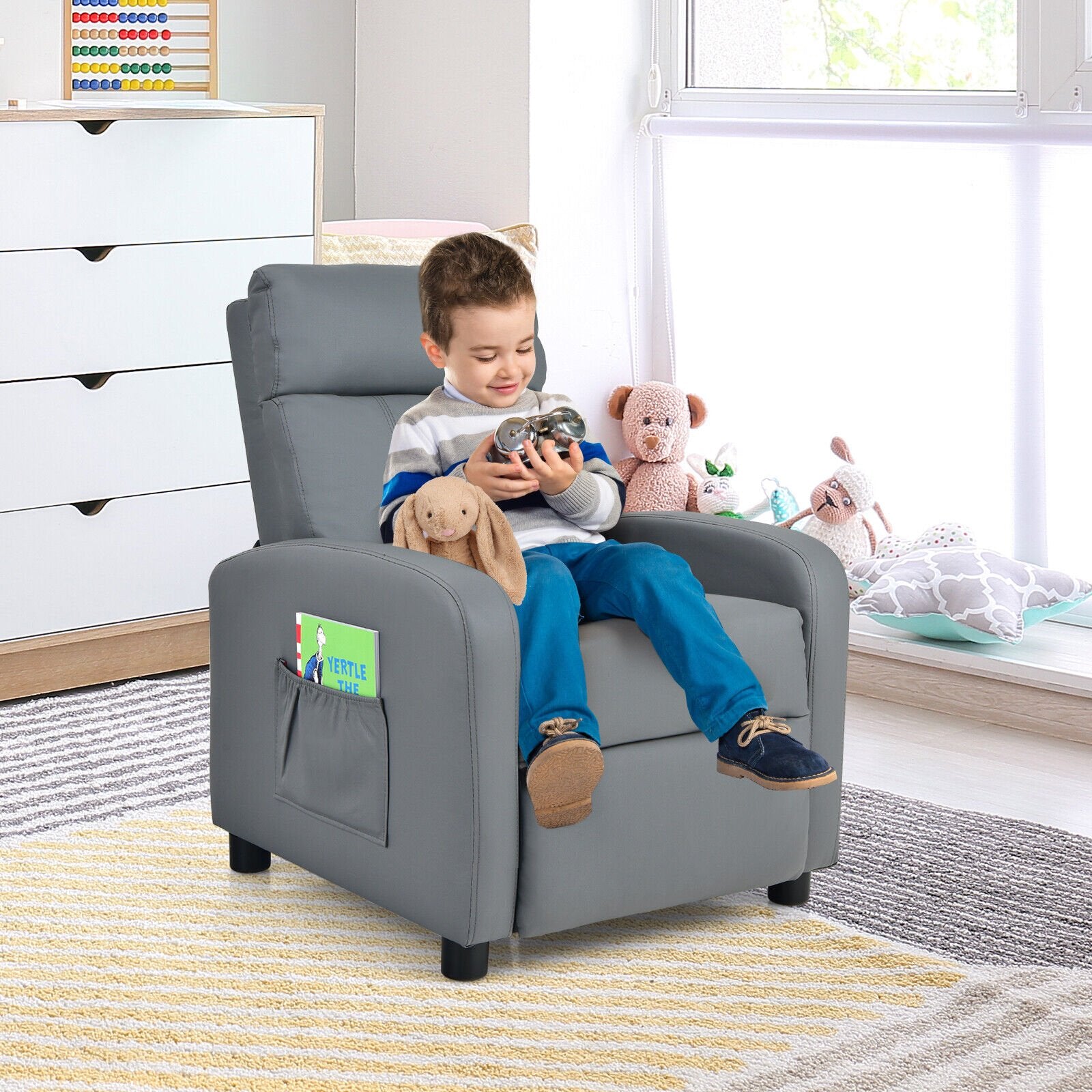 Ergonomic PU Leather Kids Recliner Lounge Sofa for 3-12 Age Group, Gray - Gallery Canada