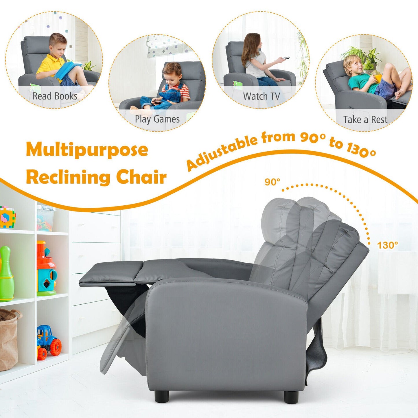 Ergonomic PU Leather Kids Recliner Lounge Sofa for 3-12 Age Group, Gray Kids Chairs & Seating   at Gallery Canada