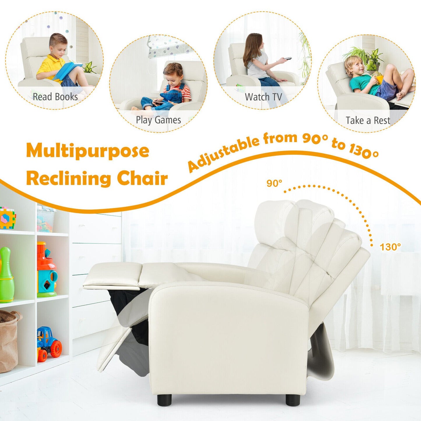 Ergonomic PU Leather Kids Recliner Lounge Sofa for 3-12 Age Group, White - Gallery Canada