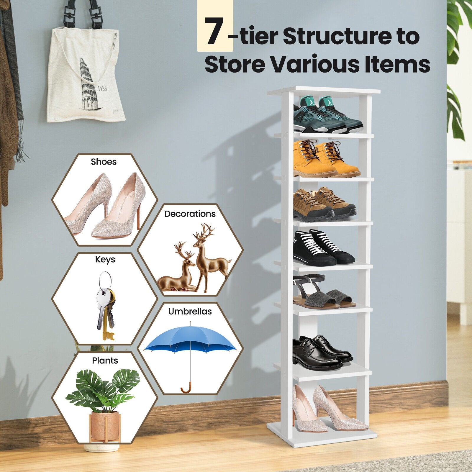 7-Tier Wooden Shoe Rack Narrow Vertical Shoe Stand Storage Display Shelf, White - Gallery Canada