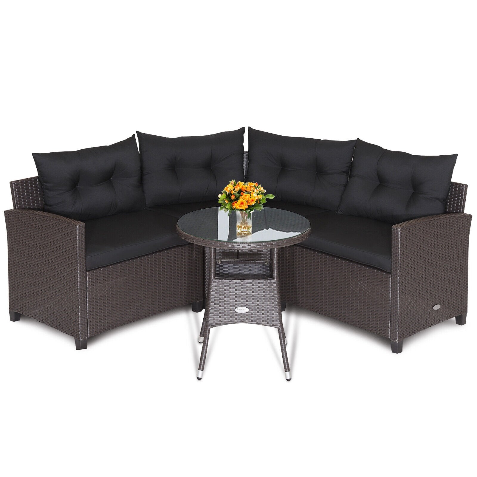 4 Pieces Patio Rattan Furniture Set Cushioned Sofa Glass Table, Black - Gallery Canada