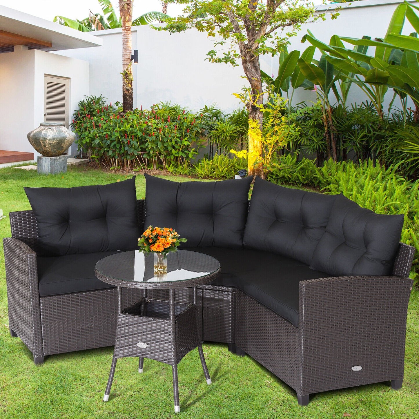 4 Pieces Patio Rattan Furniture Set Cushioned Sofa Glass Table, Black Outdoor Sectionals   at Gallery Canada