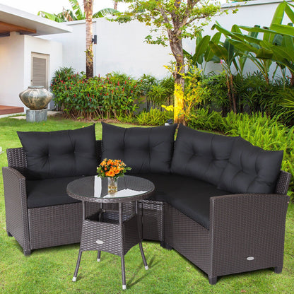 4 Pieces Patio Rattan Furniture Set Cushioned Sofa Glass Table, Black - Gallery Canada