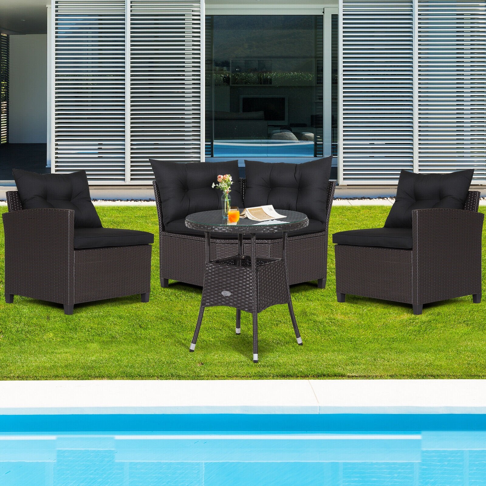4 Pieces Patio Rattan Furniture Set Cushioned Sofa Glass Table, Black - Gallery Canada