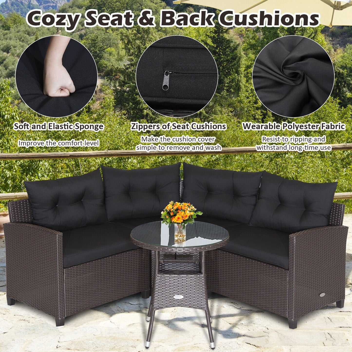 4 Pieces Patio Rattan Furniture Set Cushioned Sofa Glass Table, Black Outdoor Sectionals   at Gallery Canada