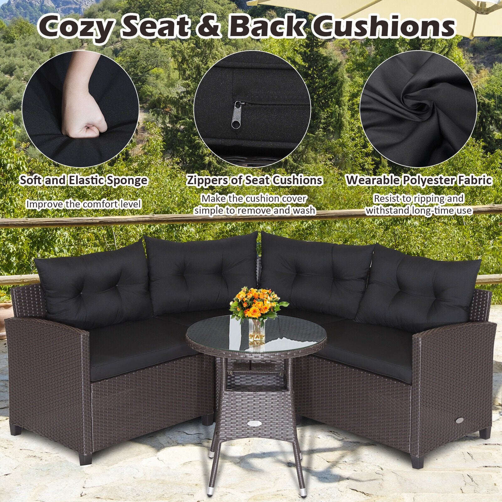 4 Pieces Patio Rattan Furniture Set Cushioned Sofa Glass Table, Black Outdoor Sectionals   at Gallery Canada