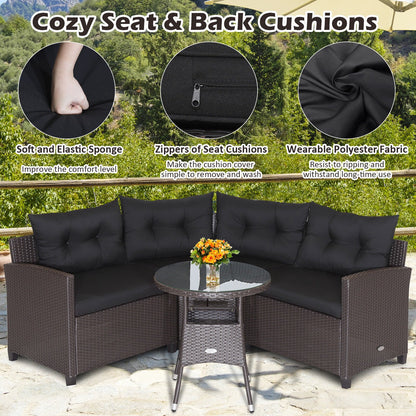 4 Pieces Patio Rattan Furniture Set Cushioned Sofa Glass Table, Black Outdoor Sectionals   at Gallery Canada