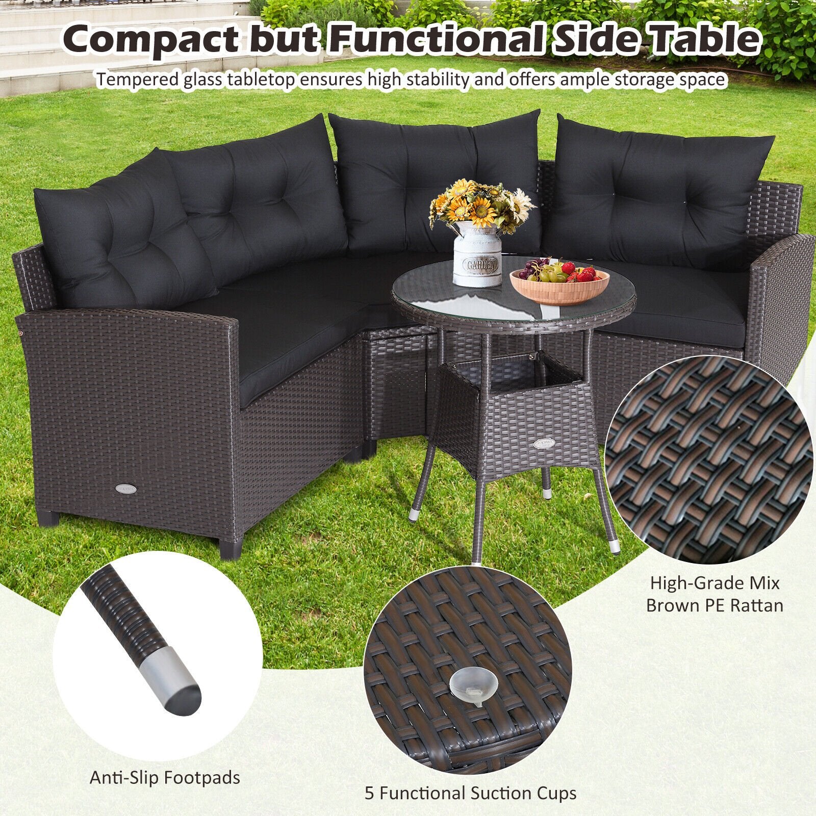 4 Pieces Patio Rattan Furniture Set Cushioned Sofa Glass Table, Black Outdoor Sectionals   at Gallery Canada