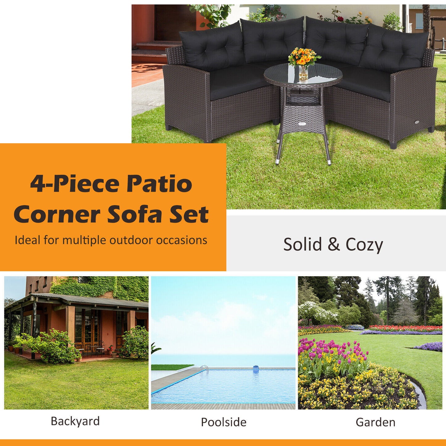 4 Pieces Patio Rattan Furniture Set Cushioned Sofa Glass Table, Black - Gallery Canada