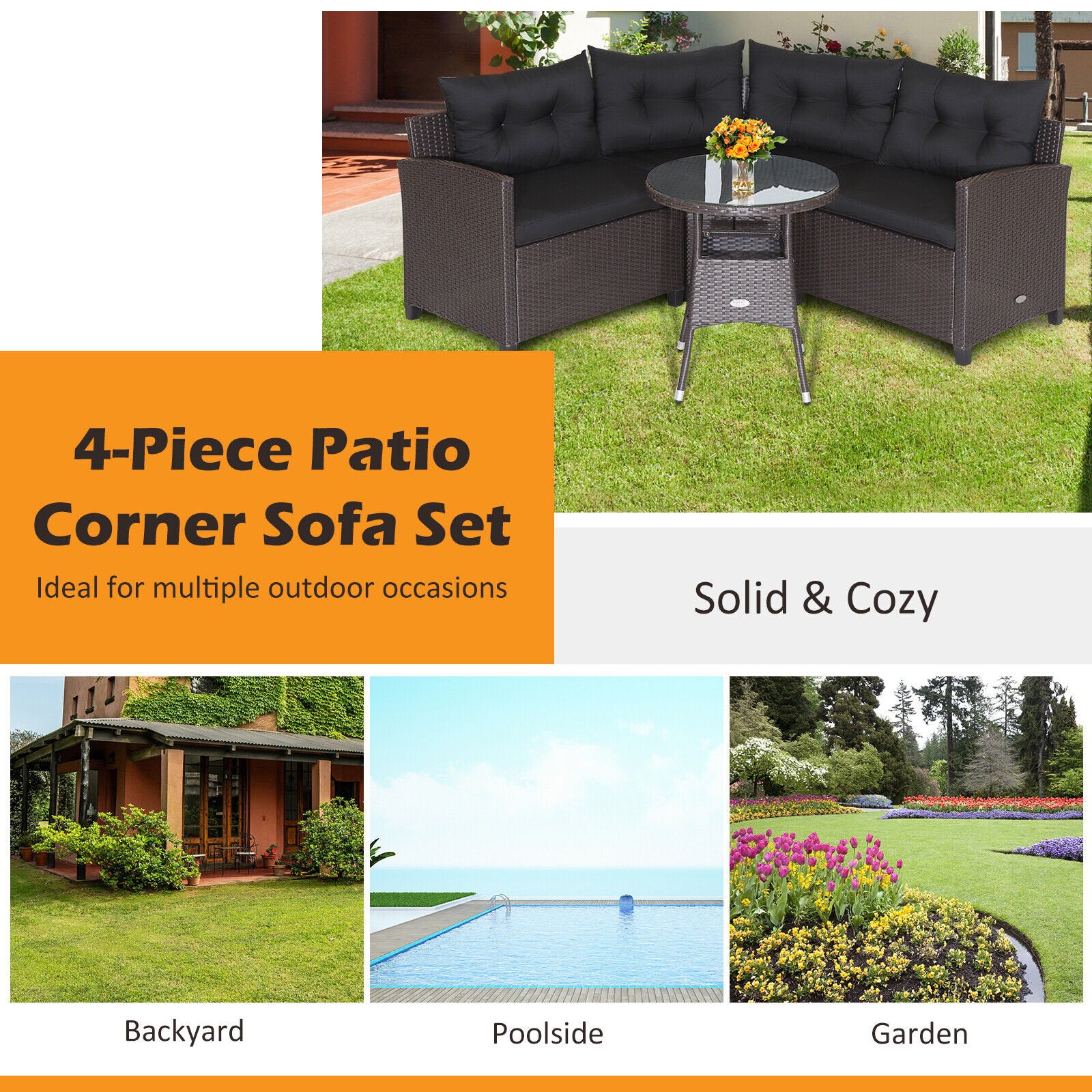 4 Pieces Patio Rattan Furniture Set Cushioned Sofa Glass Table, Black Outdoor Sectionals   at Gallery Canada