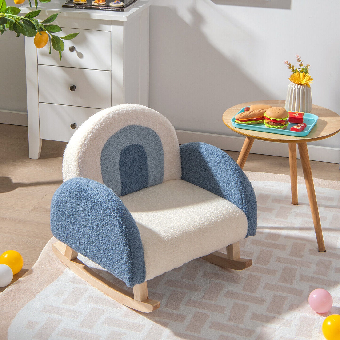 Kids Rocking Chair Children Velvet Upholstered Sofa with Solid Wood Legs, Blue Kids Chairs & Seating   at Gallery Canada