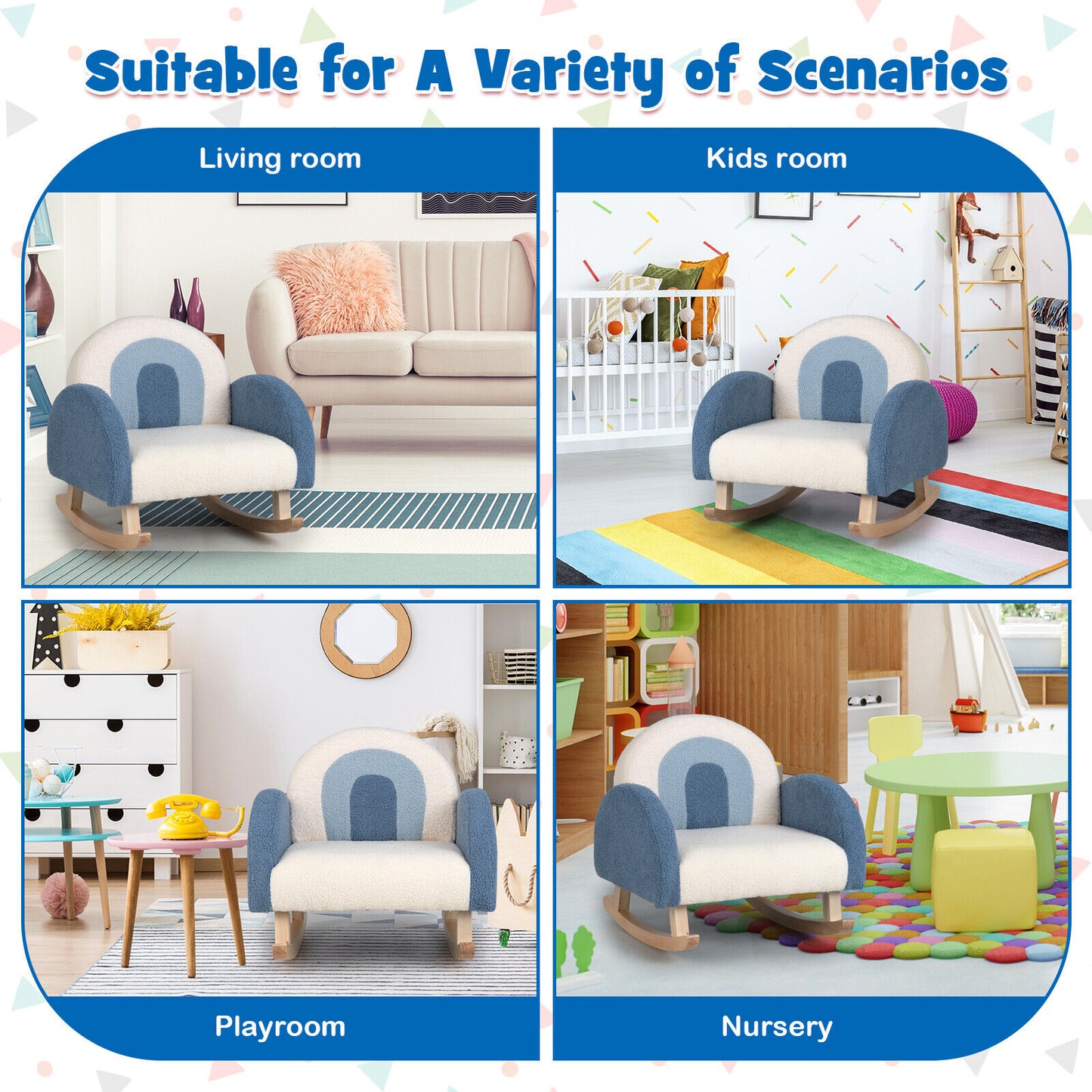 Kids Rocking Chair Children Velvet Upholstered Sofa with Solid Wood Legs, Blue Kids Chairs & Seating   at Gallery Canada