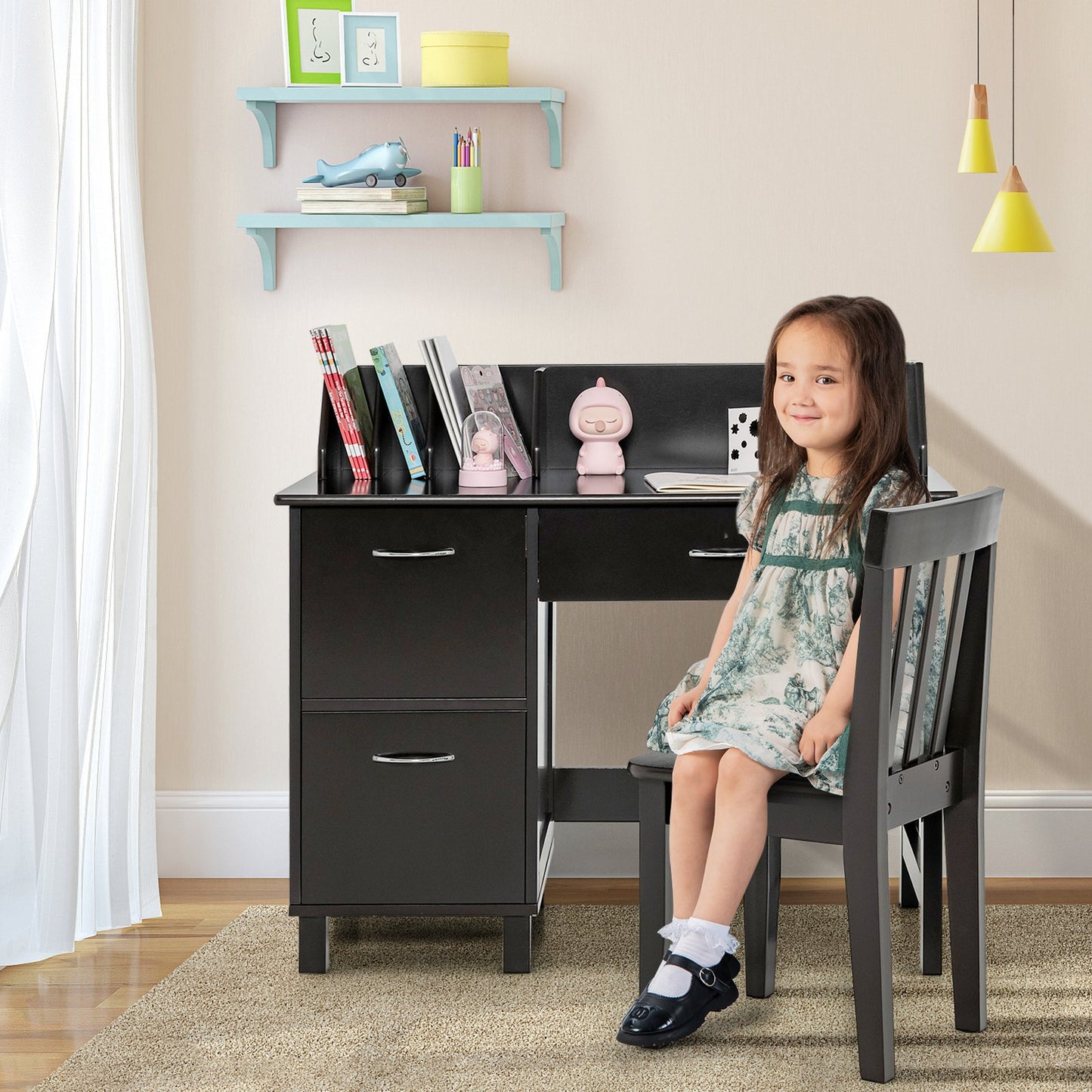 Kids Wooden Writing Furniture Set with Drawer and Storage Cabinet, Deep Brown - Gallery Canada