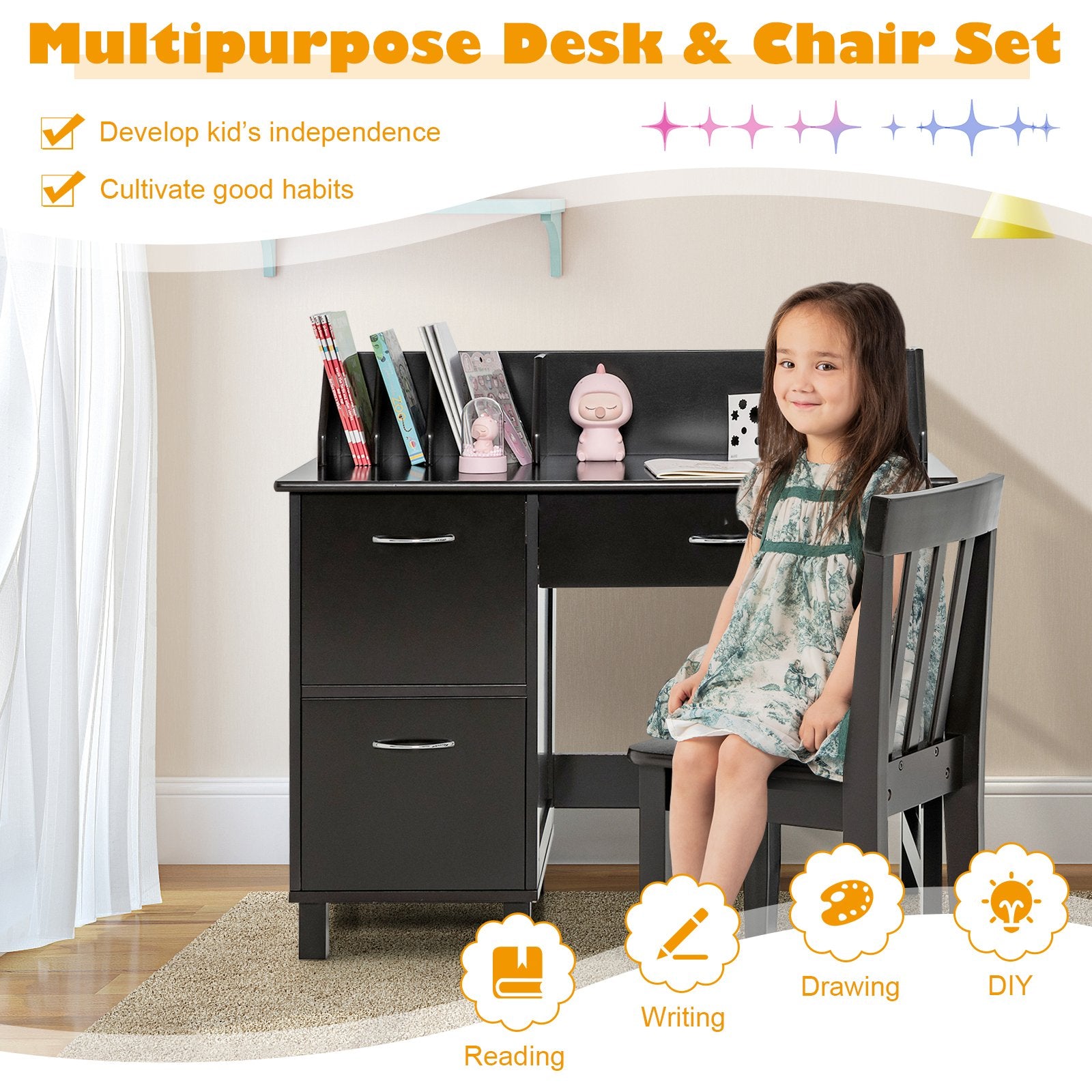 Kids Wooden Writing Furniture Set with Drawer and Storage Cabinet, Deep Brown Kids Table & Chair Sets   at Gallery Canada