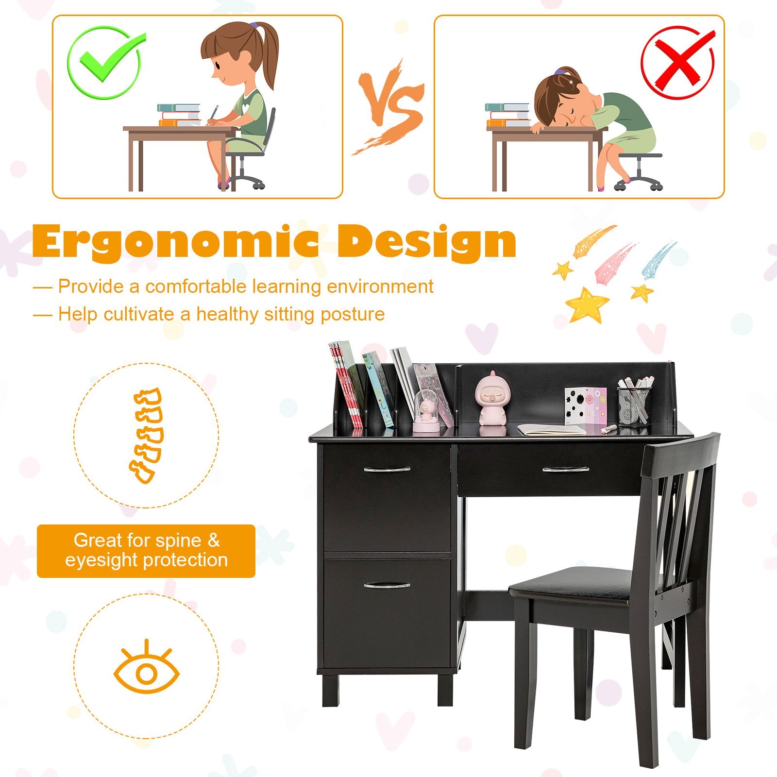 Kids Wooden Writing Furniture Set with Drawer and Storage Cabinet, Deep Brown - Gallery Canada